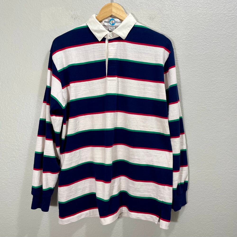 Vintage 1990s World Island Striped Long Sleeve Knit Polo Quarter Button Large